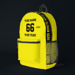 Custom yellow black Name, Number, Team Sport Printed Backpack<br><div class="desc">Create your own custom yellow black Sport Football Style Printed Backpack with Name, Number, Team Name, Slogan and Year. Personalise this simple classic Printed Backpack template with your custom message, name, team name and year. Easily personalise it for a cool sport keepsake. Create your unique personalised gift for coach, girl's...</div>