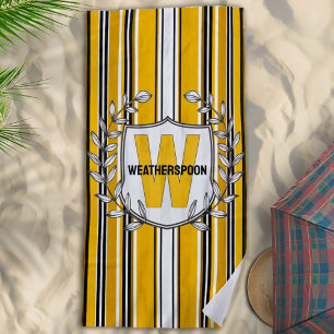Custom Yellow Black Stripes Monogram Beach Towel