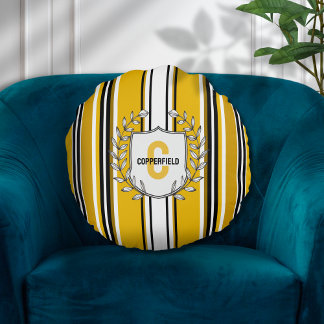 Custom Yellow Black Stripes Monogram Round Cushion