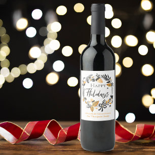 Custom Yellow Black Wreath Happy Holidays Wine Label