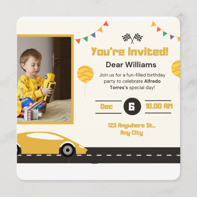Custom Yellow Car Racing Birthday Invitation (Front)
