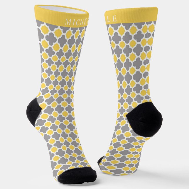 Custom Yellow Grey White Geometric Pattern Socks (Angled)