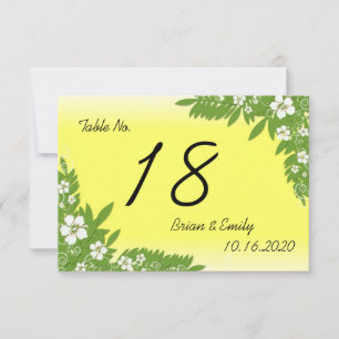 Custom yellow hibiscus wedding table cards