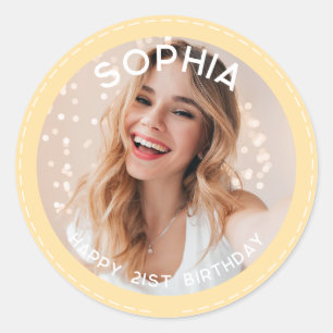 Custom Yellow Modern 21st Birthday Photo Classic Round Sticker