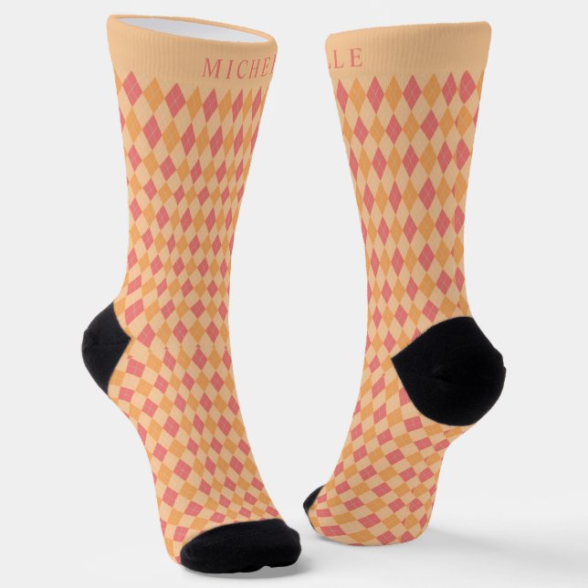Custom Yellow Pink Red Orange Argyle Pattern Socks (Angled)