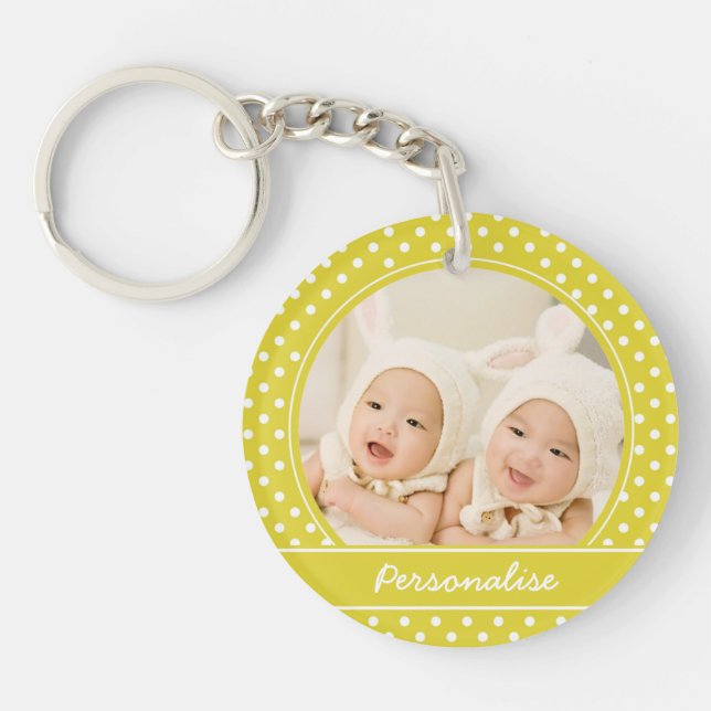 Custom Yellow Polka Dot Photo Personalised Key Ring (Front)
