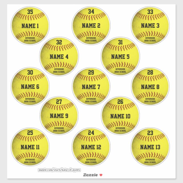 Custom yellow softballs set of 13 players' names (Sheet)