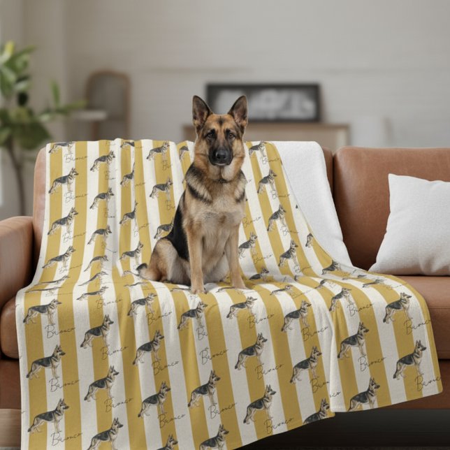 Custom Yellow Stripe German Shepherd Pet Name Fleece Blanket (Get cozy with this "Custom Yellow Stripe German Shepherd Pet Name Fleece Blanket"! )
