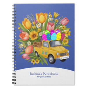 Custom Yellow Truck Carrying Easter Eggs Flowers Notebook