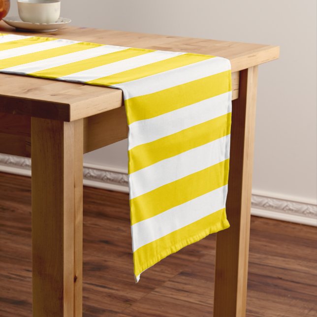 Custom Yellow White Stripes Modern Elegant Trendy Short Table Runner (In Situ)