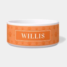 Custom Your Dog Name Orange Paws Ceramic Pet Bowl