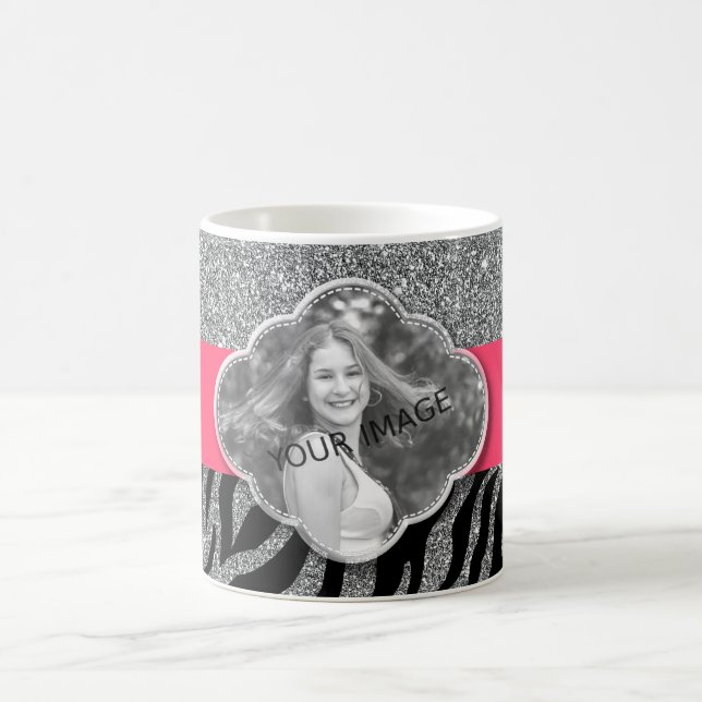 Custom Your Image Silver Glitter Girly Pink Zebra Coffee Mug (Center)