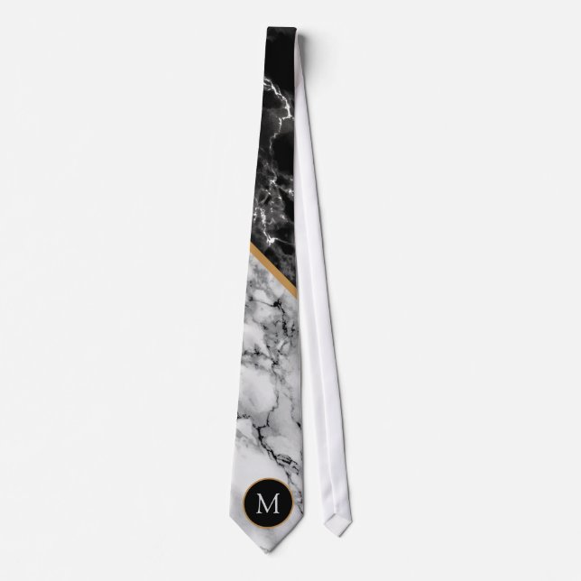 Custom Your Letter Neck Tie Black White Marble (Front)