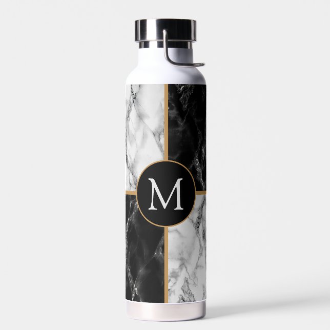 Custom Your Letter Water Bottle Black White Marble (Left)
