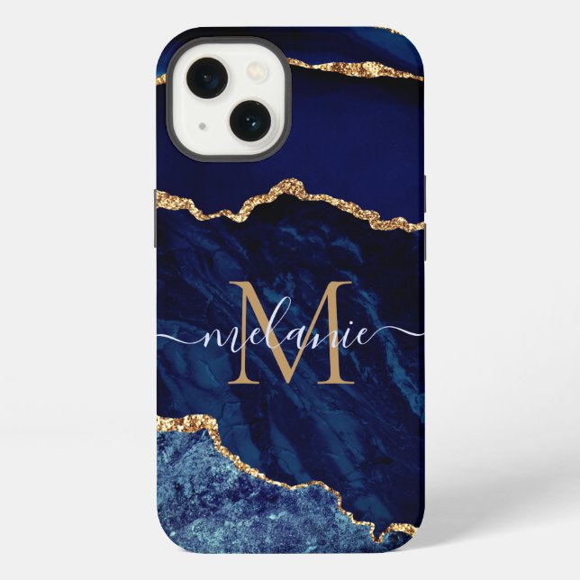 Custom Your Name Agate Navy Blue Gold Marble iPhone Case (Back)