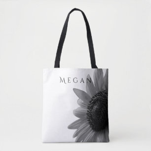 Custom Your Name Elegant Black & White Sunflower  Tote Bag