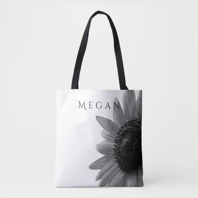 Custom Your Name Elegant Black & White Sunflower  Tote Bag (Front)