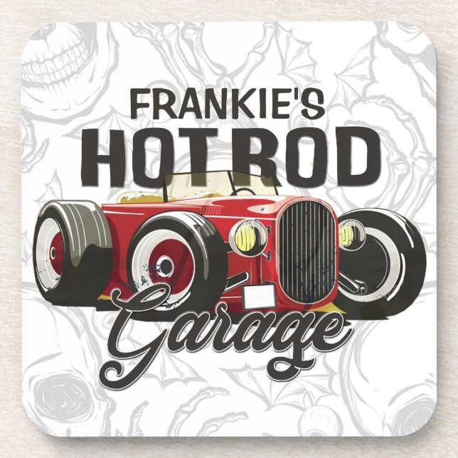 Custom YOUR NAME Hot Rod Garage Personalized Car Coaster (Front)