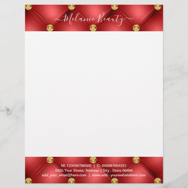 Custom Your Name Info Red Gold Diamonds Letterhead (Front)