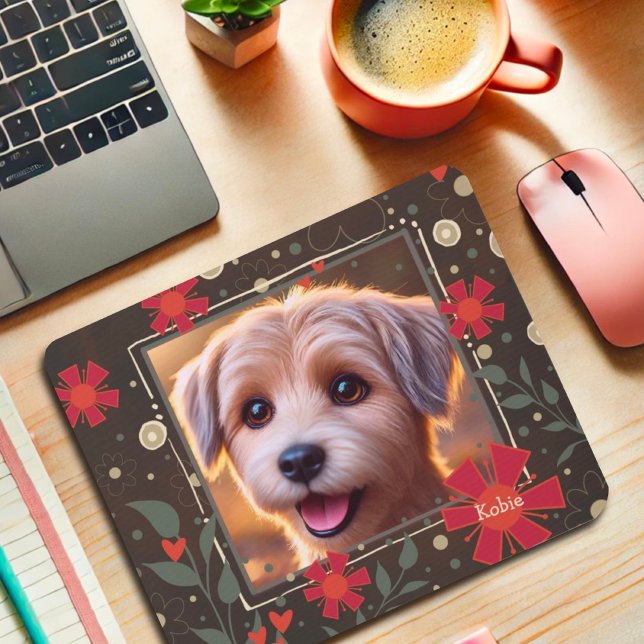 Custom Your Photo Name Fun Brown Red Floral  Mouse Pad (Creator Uploaded)