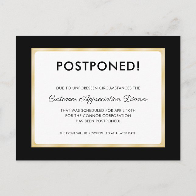 Customer Appreciation Dinner Postponed Black Postcard (Front)