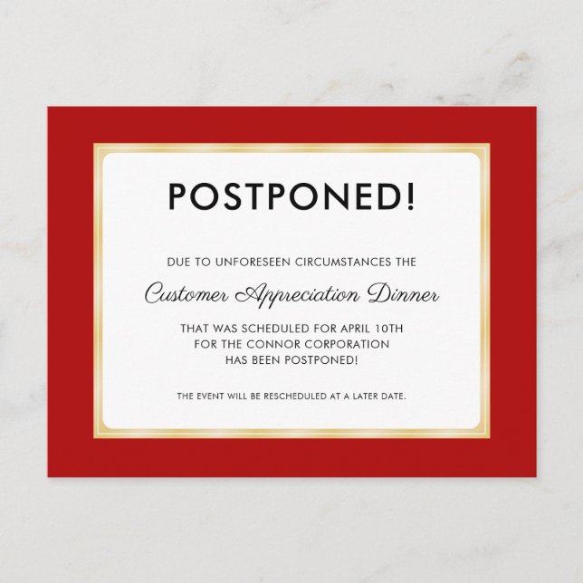 Customer Appreciation Dinner Postponed Red Postcard (Front)