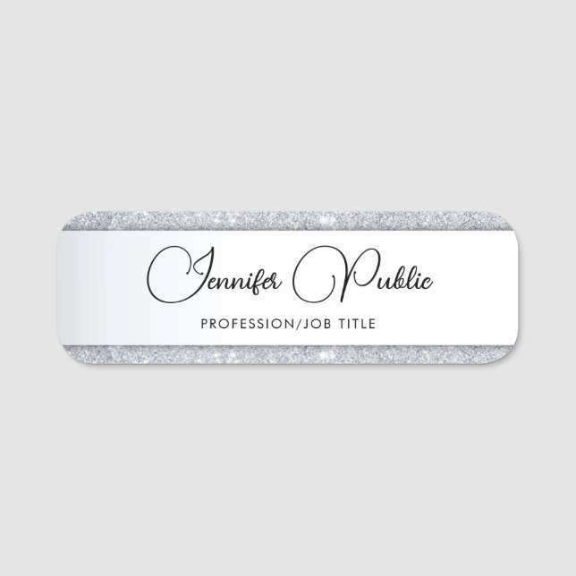 Customer Silver Glitter Calligraphed Template Name Tag (Front)