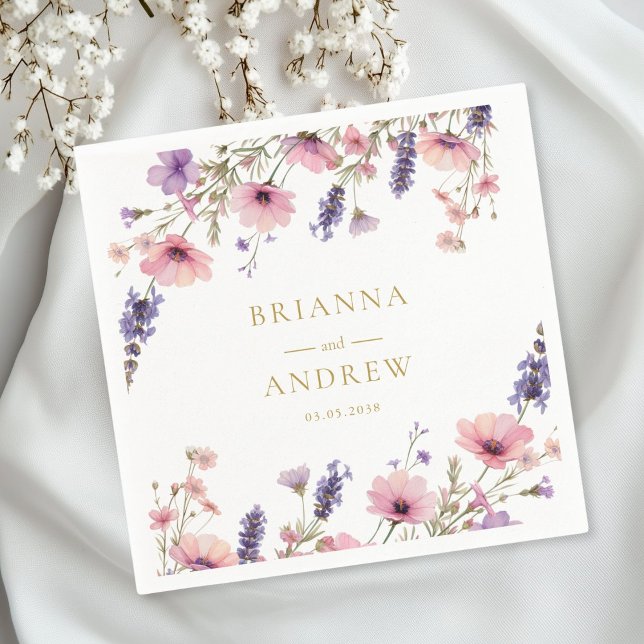 Customer specific Floral Wedding  Napkin (Personalized Customer specific Floral, Pink + Purple  Wedding Napkins with your name and date.)