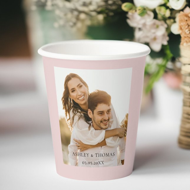 Customer-specific photo wedding  paper cups (Customer-specific, photo, wedding, light-pink paper cups. With your photo, name and date.)