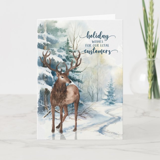 Customers Wishes Reindeer Winter Forest Business Holiday Card (Front)