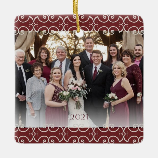 Customisable  2 Sided Burgundy Elegant Scrolls Ceramic Ornament (Front)