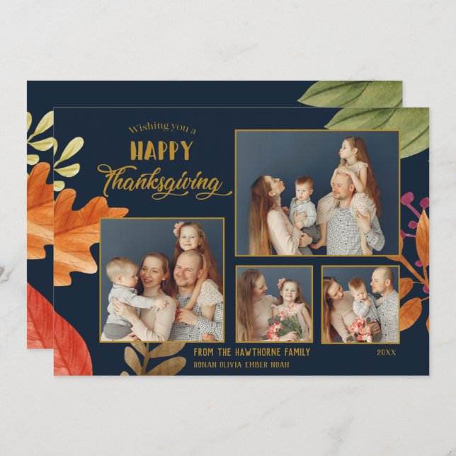 Customisable  4 Family Photos Thanksgiving Blue Card (Front/Back)