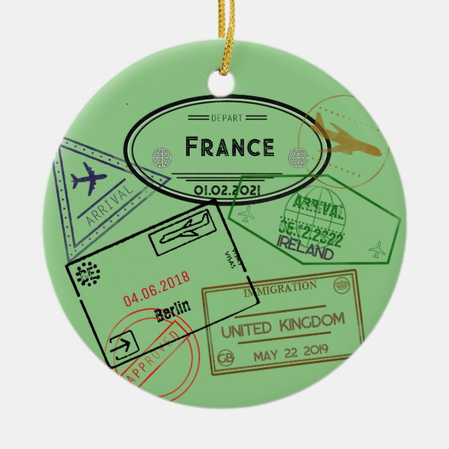 Customisable 4 Passport Stamps  Ceramic Tree Decoration (Front)