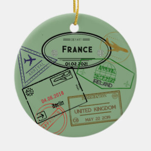 Customisable 4 Passport Stamps Ceramic Tree Decoration