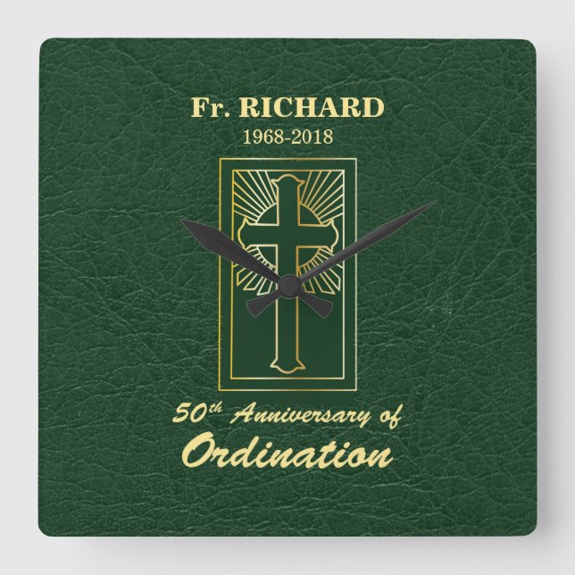Customisable 50th Anniversary of Ordination Green Square Wall Clock (Front)