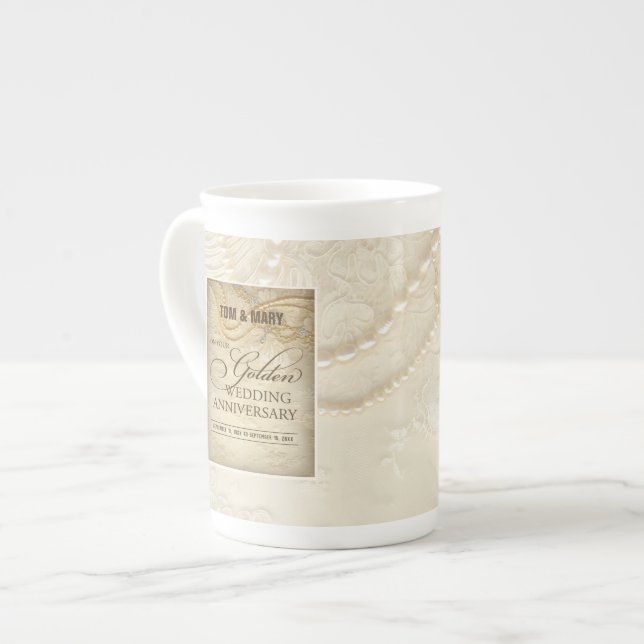Customisable, 50th Wedding Anniversary Pearls Bone China Mug (Front Left)
