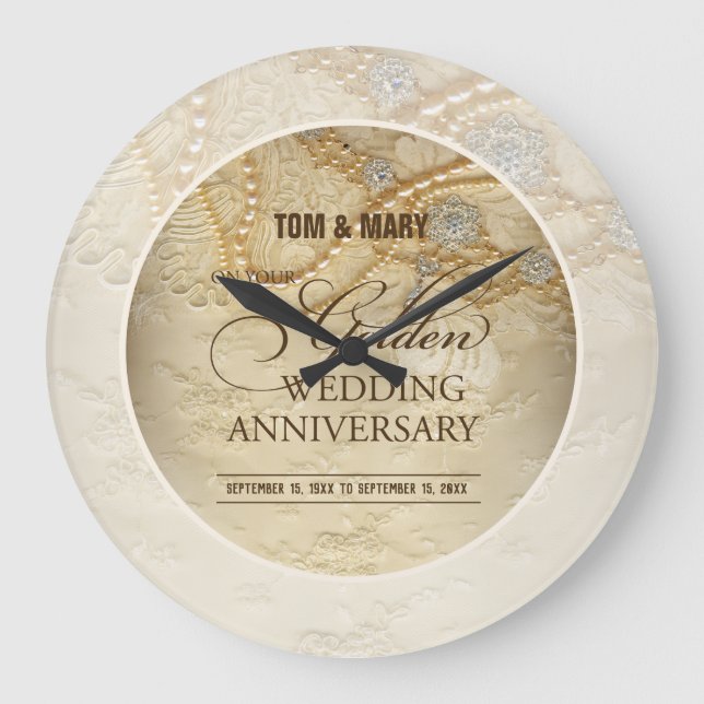 Customisable, 50th Wedding Anniversary Pearls Large Clock (Front)