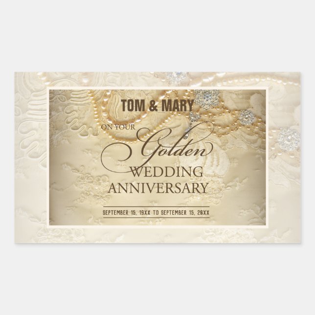 Customisable, 50th Wedding Anniversary Pearls Rectangular Sticker (Front)