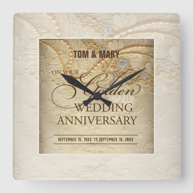 Customisable, 50th Wedding Anniversary Pearls Square Wall Clock (Front)
