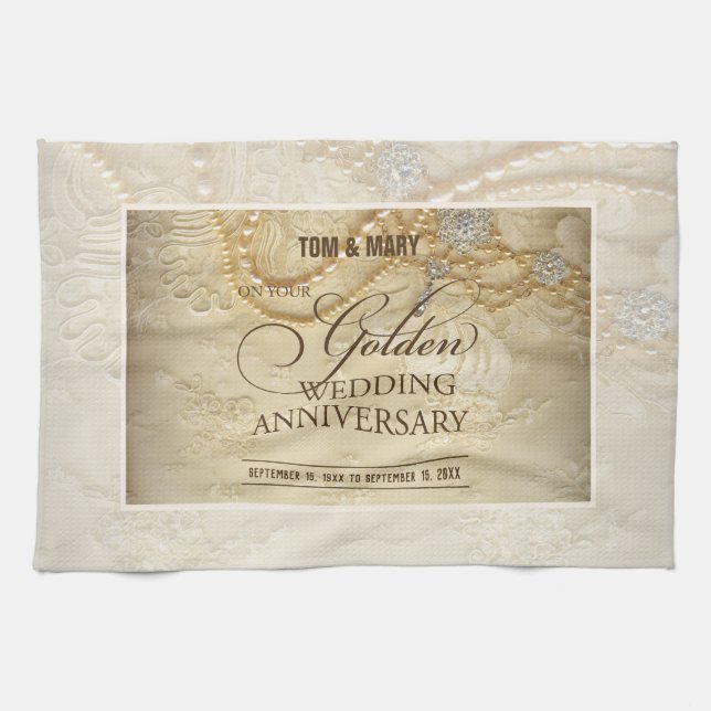 Customisable, 50th Wedding Anniversary Pearls Tea Towel (Horizontal)