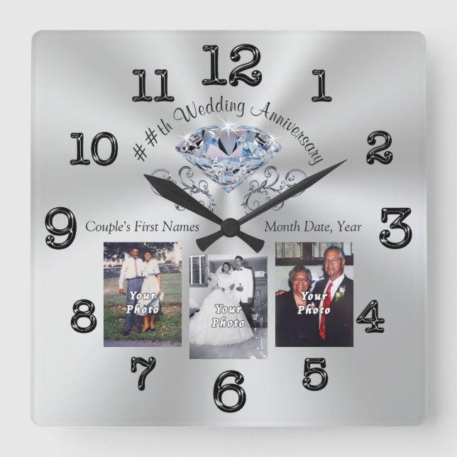 Customisable 60th, 70th or 75th Anniversary Gifts Square Wall Clock (Front)