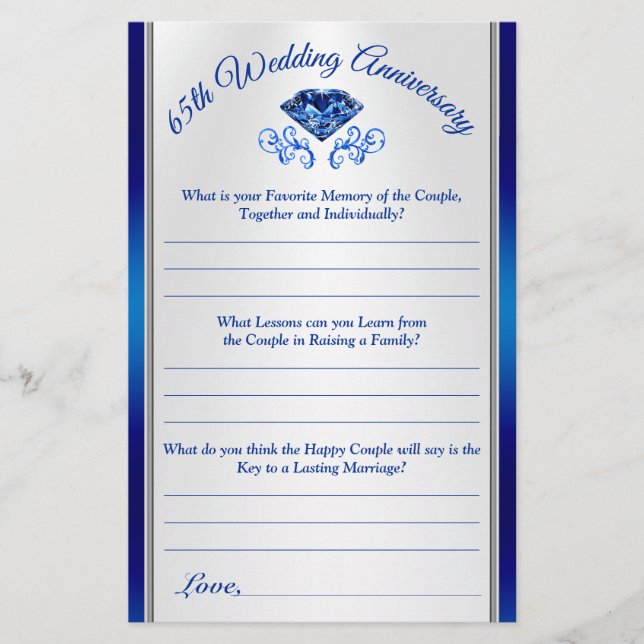 Customisable 65th Anniversary Party Question Sheet (Front)