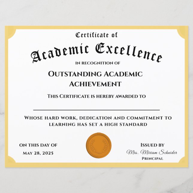 Customisable Academic Achievement Certificate (Front)