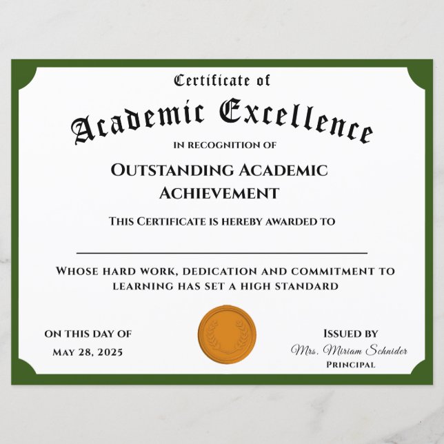 Customisable Academic Achievement Certificate (Front)