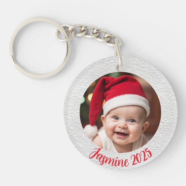 Customisable Acrylic Circle Baby First Christmas Key Ring (Front)