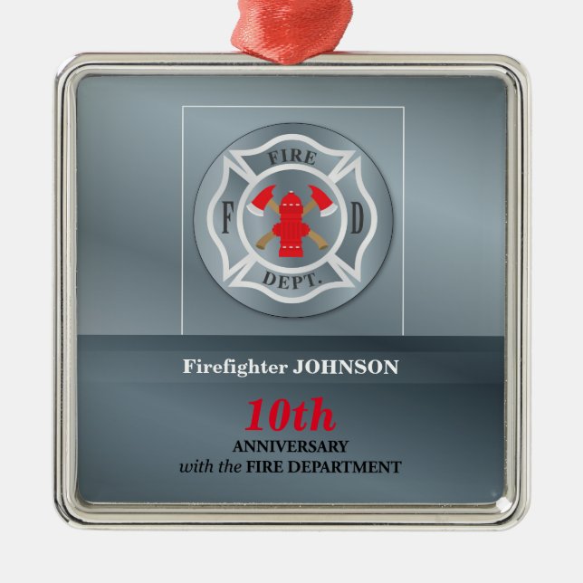 Customisable, Anniversary with Fire Department Metal Tree Decoration (Front)
