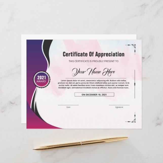 Customisable appreciation certficiate template (Front/Back In Situ)