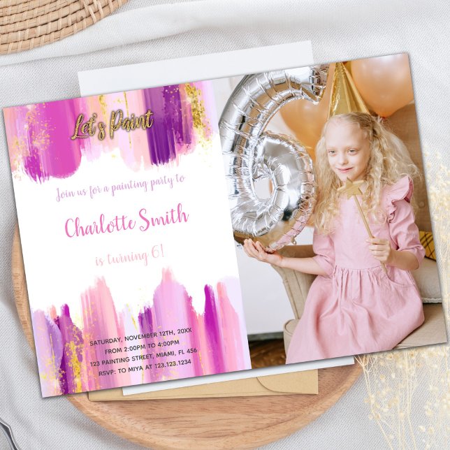 Customisable Artistic Party Invitations for Kids (Paint Birthday Invitation Purple with photo)
