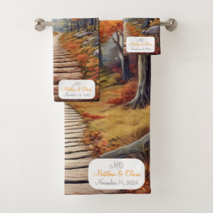 Customisable Autumn Forest Path Wedding Gift Bath Towel Set