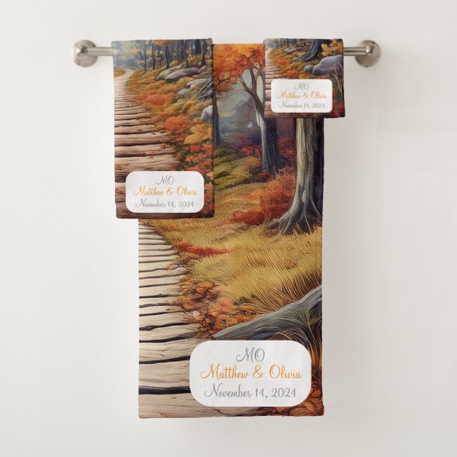  Customisable Autumn Forest Path Wedding Gift Bath Towel Set (Insitu)